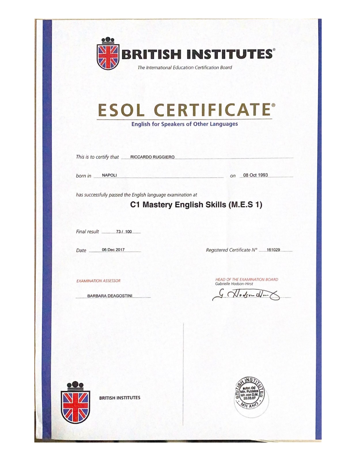 Certificato British Institutes - C1 Mastery English Skills