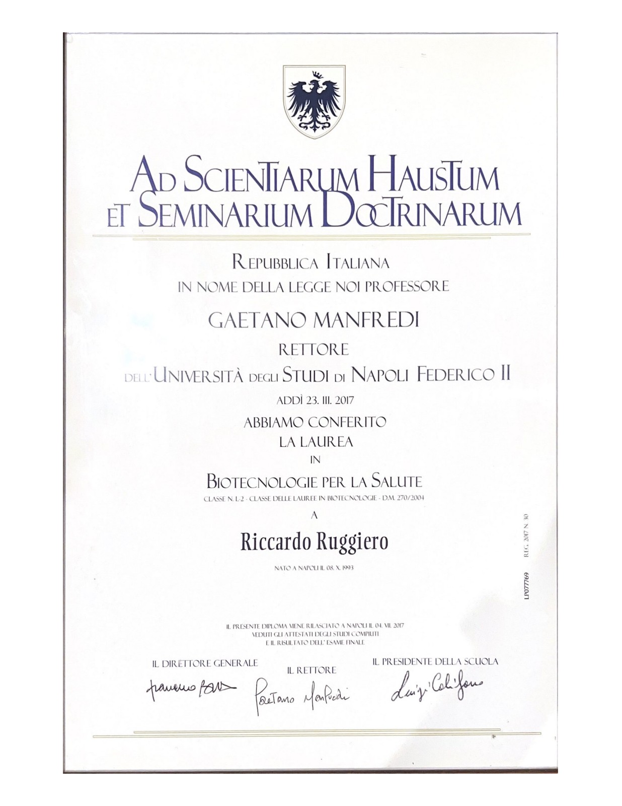 Diploma Triennale in Biotecnologie per la Salute - Università Federico II